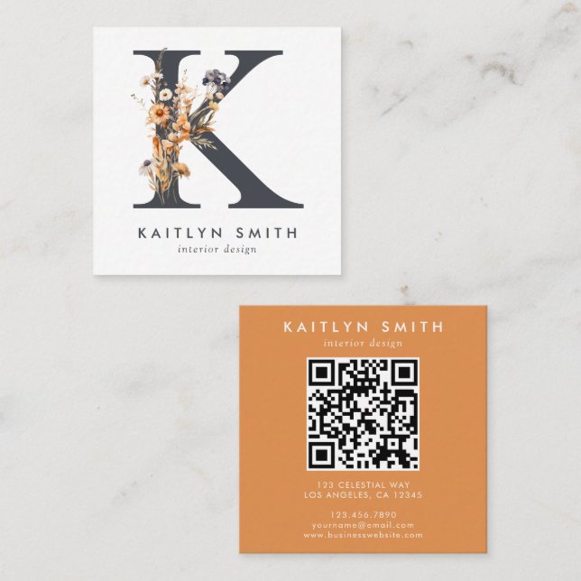 Boho Wildflower Initial K QR Code Square Business Card (Front/Back)