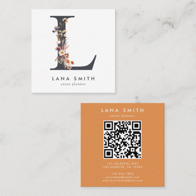 Boho Wildflower Initial L QR Code Square Business Card (Front/Back)
