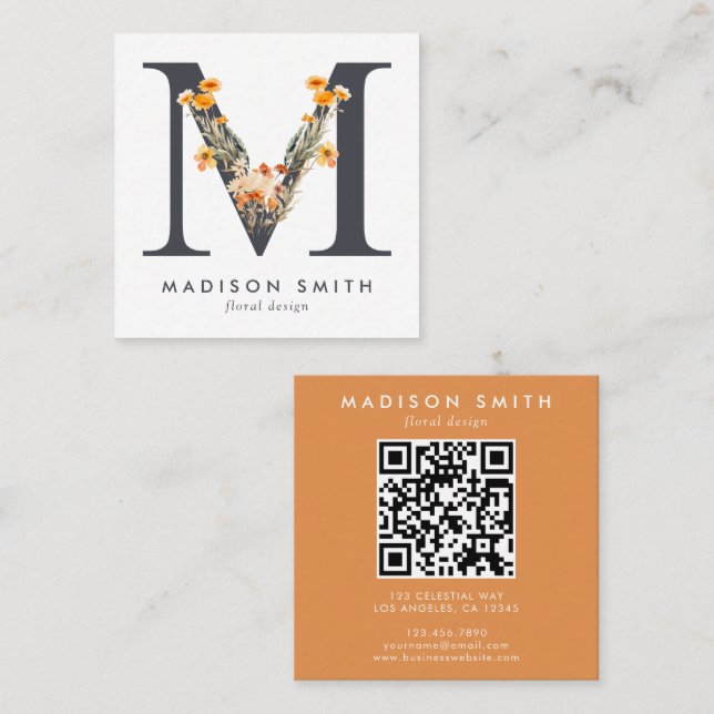 Boho Wildflower Initial M QR Code Square Business Card (Front/Back)