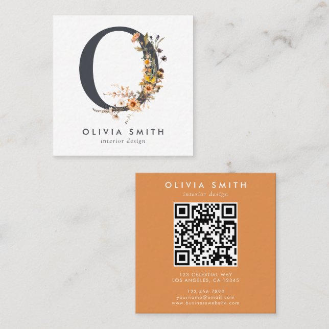Boho Wildflower Initial O QR Code Square Business Card (Front/Back)