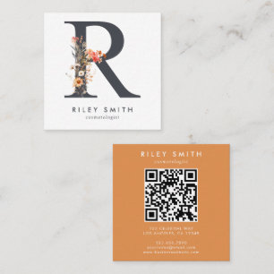 Boho Wildflower Initial R QR Code Square Business Card