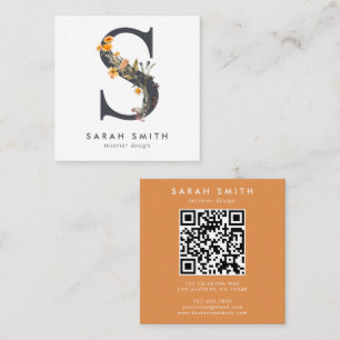 Boho Wildflower Initial S QR Code Square Business Card