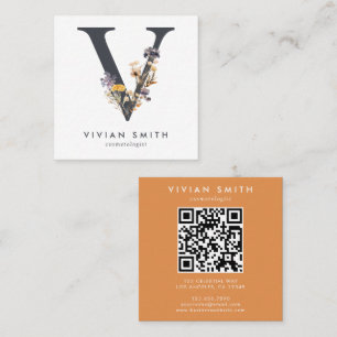 Boho Wildflower Initial V QR Code Square Business Card