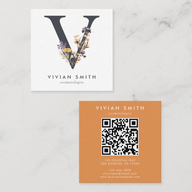 Boho Wildflower Initial V QR Code Square Business Card (Front/Back)