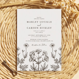 Boho Wildflower Line Art White Texture Wedding Invitation