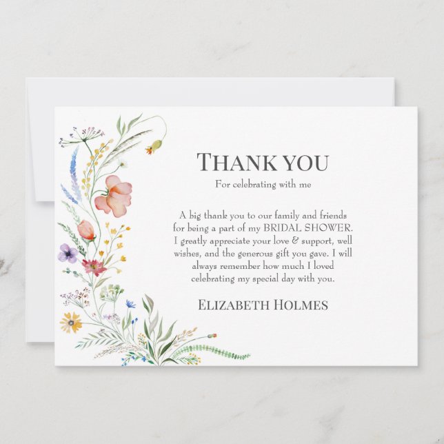Boho Wildflower Meadow Bridal Shower Thank You Card (Front)