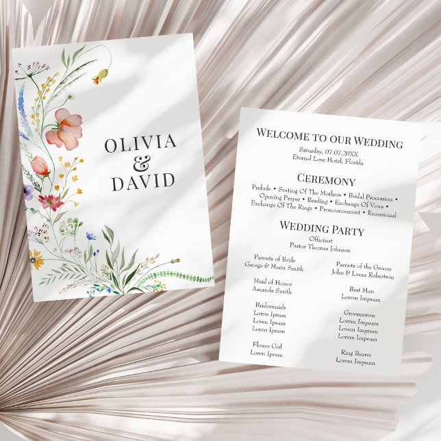 Boho Wildflower Meadow Wedding Program Invitation (Boho Wildflower Meadow Wedding Program on a sunny dry white palm leaf.)
