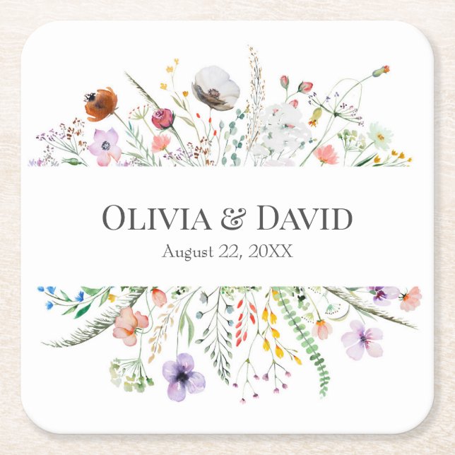 Boho Wildflower Meadow Wedding Square Paper Coaster (Front)