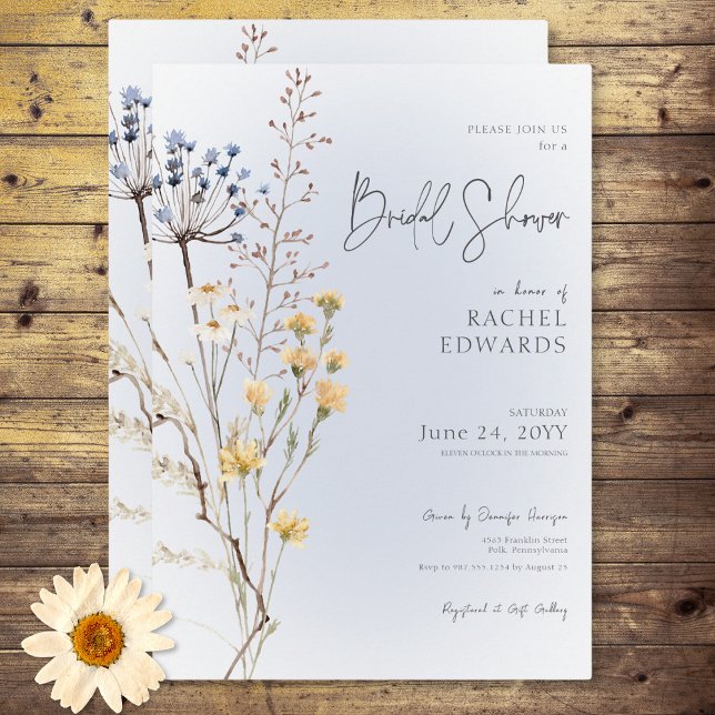 Boho Wildflower Modern Blue Bridal Shower Invitation (Boho Wildflower Modern Blue Bridal Shower Invitation)