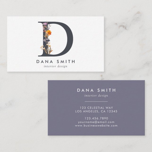 Boho Wildflower Monogram Initial D Business Card (Front/Back)