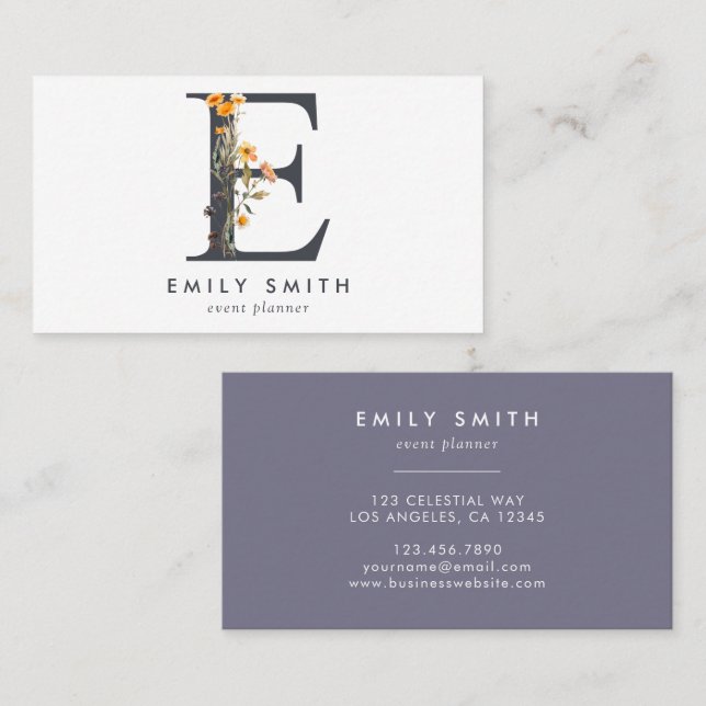 Boho Wildflower Monogram Initial E Business Card (Front/Back)