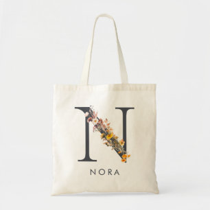 Boho Wildflower Monogram Letter N Tote Bag