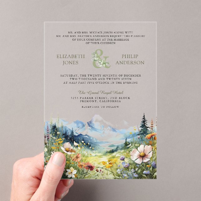 Boho Wildflower Mountain Meadow Wedding Acrylic Invitations (Insitu (Handheld))