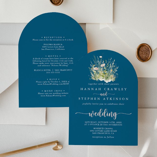 Boho Wildflower Navy Arch Front & Back Wedding Invitation (Creator Uploaded)