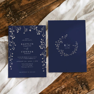 Boho Wildflower Navy Blue Baby's Breath Wedding Invitation