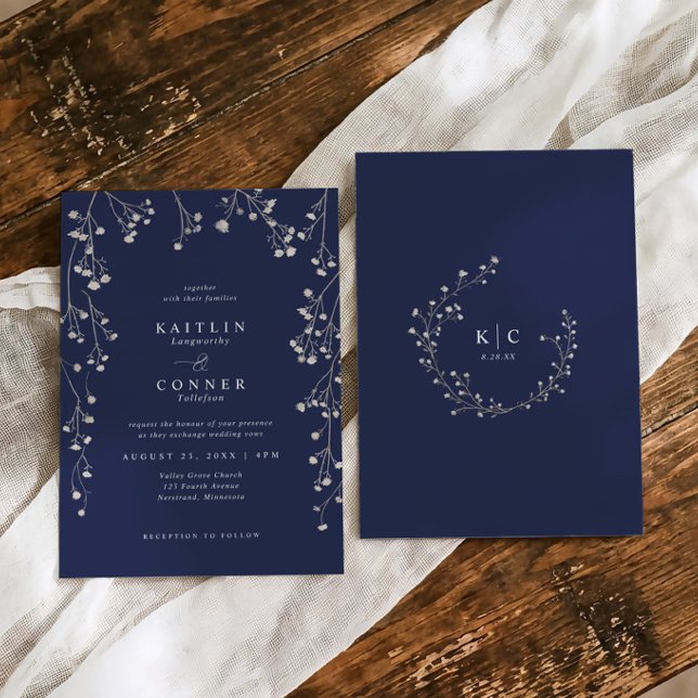 Boho Wildflower Navy Blue Baby's Breath Wedding Invitation (Boho vintage wildflower Baby's Breath Wedding invitations in navy blue.)