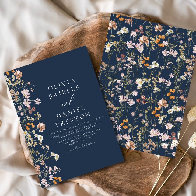 Boho Wildflower Navy Blue Garden Wedding Invitation (Creator Uploaded)