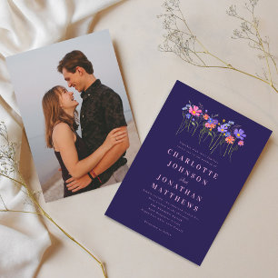Boho Wildflower Navy Blue Pink Photo Wedding Invitation
