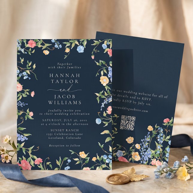 Boho Wildflower Navy Blue QR Code RSVP Wedding Invitation (Creator Uploaded)