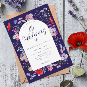 Boho Wildflower Navy Blue Wedding Invitation