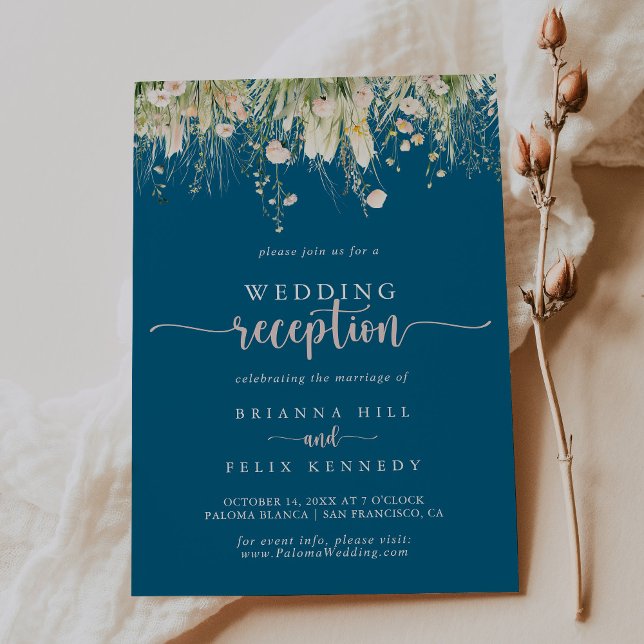 Boho Wildflower Navy Blue Wedding Reception  Invitation (Creator Uploaded)