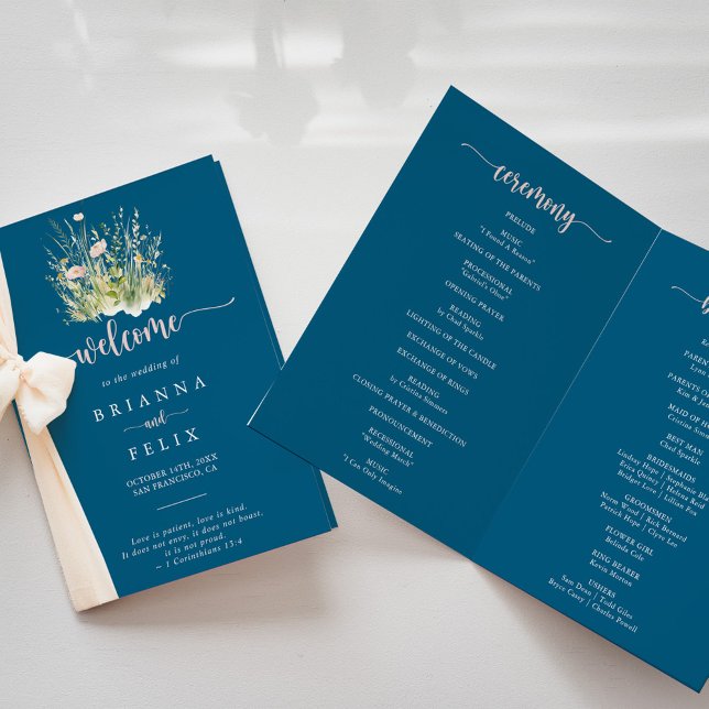 Boho Wildflower Navy Folded Wedding Program Programme (Creator Uploaded)