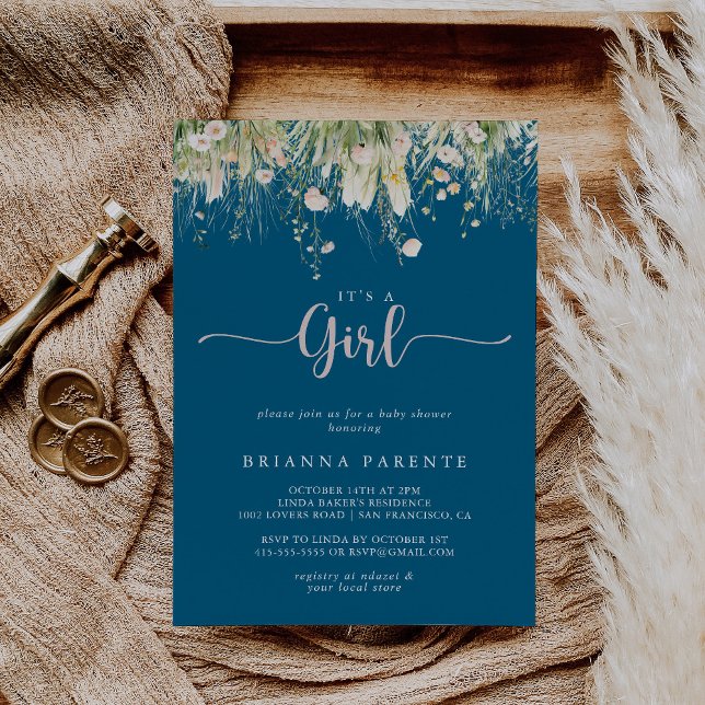 Boho Wildflower Navy It's A Girl Baby Shower  Invitation (Creator Uploaded)