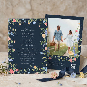 Boho Wildflower Navy Photo QR Code RSVP Wedding Invitation
