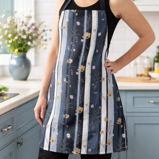 Boho Wildflower Navy Striped Modern Home Decor  Apron (Creator Uploaded)