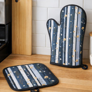Boho Wildflower Navy Striped Modern Home Decor Oven Mitt & Pot Holder Set