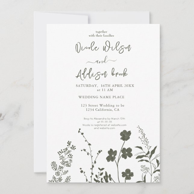 Boho Wildflower Olive Green Wedding Invitation (Front)