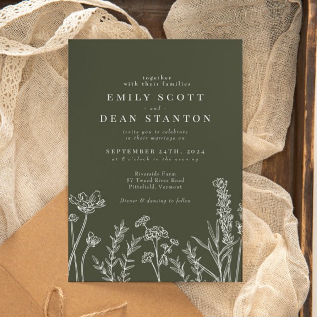 Boho Wildflower Olive Green Wedding Invitation (Creator Uploaded)