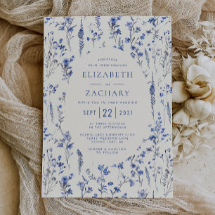 Boho Wildflower Pattern Blue Ivory Wedding Invitation