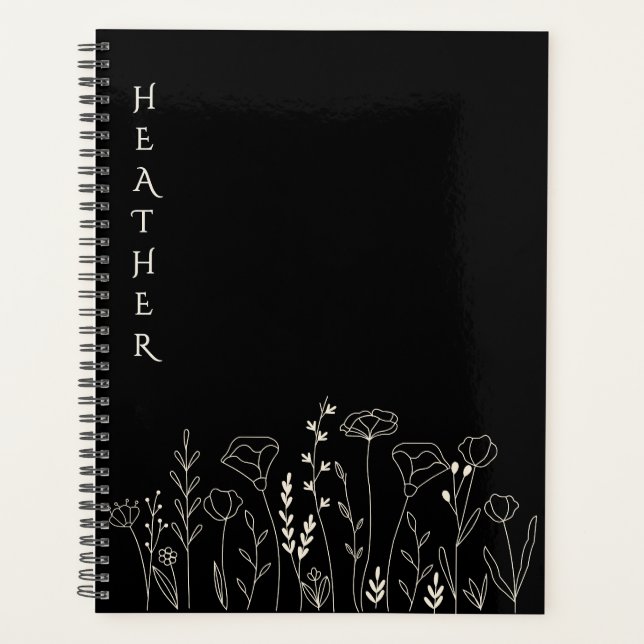 Boho Wildflower Personalized Black Gift for Her Planner (Front)