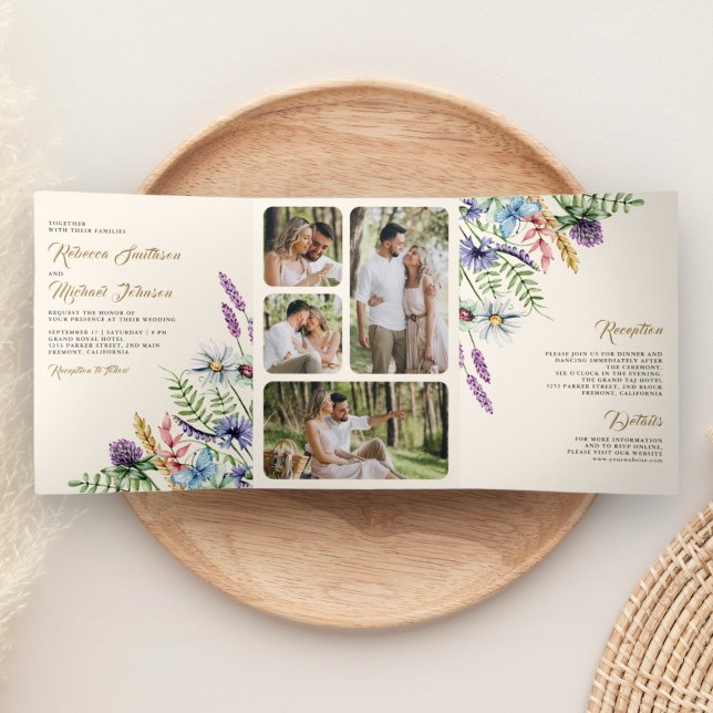 Boho Wildflower Photo All in One Cream Wedding Tri-Fold Invitation (Creator Uploaded)