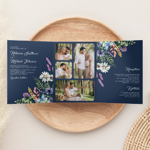 Boho Wildflower Photo All in One Navy Blue Wedding Tri-Fold Invitation