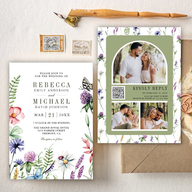 Boho Wildflower Photo Collage QR Code Wedding Invitation (Creator Uploaded)