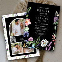 Boho Wildflower Photo QR Code Black Bridal Shower