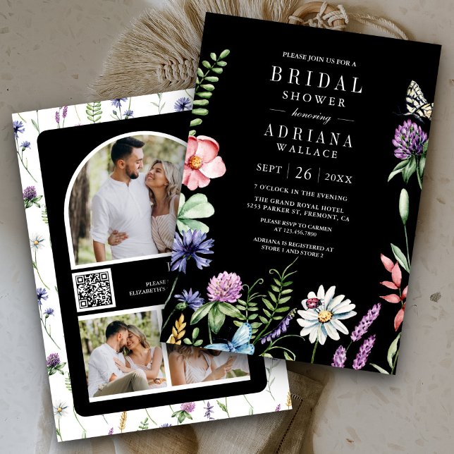 Boho Wildflower Photo QR Code Black Bridal Shower Invitation (Creator Uploaded)