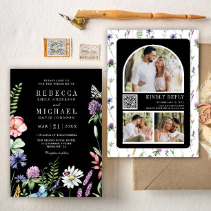 Boho Wildflower Photo QR Code Black Wedding Invitation