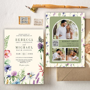 Boho Wildflower Photo QR Code Cream Wedding Invitation