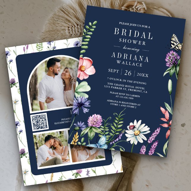 Boho Wildflower Photo QR Code Navy Bridal Shower Invitation (Creator Uploaded)