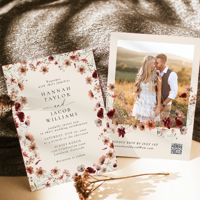 Boho Wildflower Photo QR Code RSVP Wedding Invitation (Creator Uploaded)