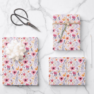 Boho Wildflower Pink Orange Birthday Baby Bridal  Wrapping Paper Sheet