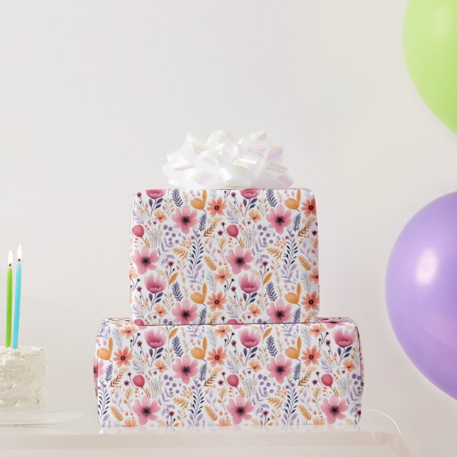 Boho Wildflower Pink Orange Bridal Baby Shower Wrapping Paper (Party Gifts)