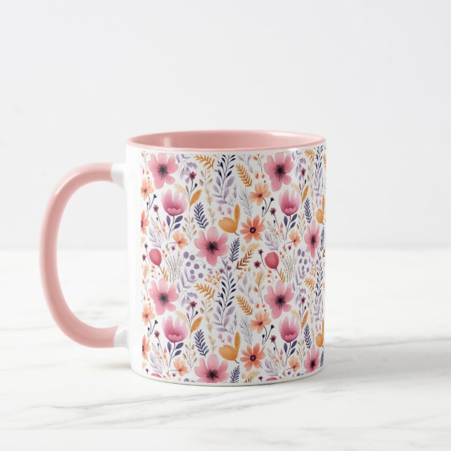 Boho Wildflower Pink Orange Purple Coral Floral Mug (Left)