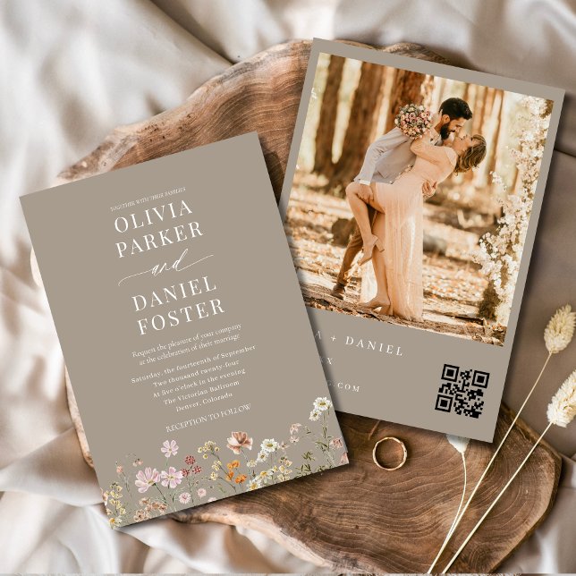 Boho Wildflower QR Code Photo Taupe Wedding  Invitation (Creator Uploaded)