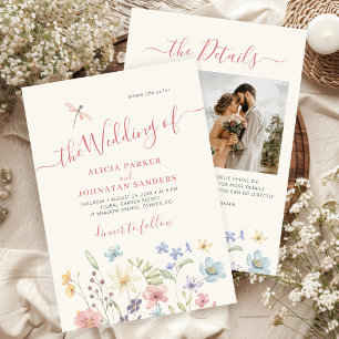 Boho wildflower qr code photo wedding invitation