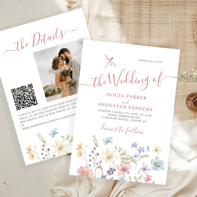 Boho wildflower qr code photo wedding invitation (Creator Uploaded)