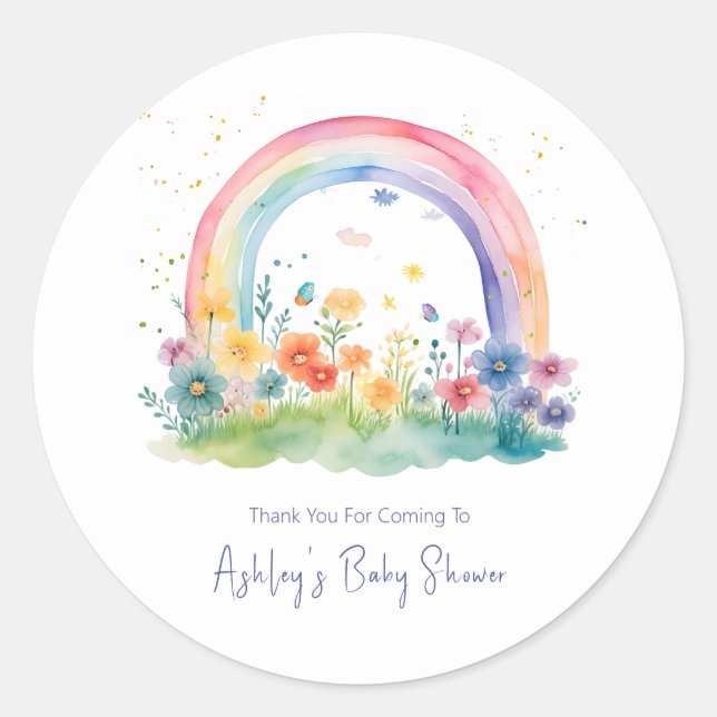 Boho Wildflower Rainbow Baby Shower Classic Round Sticker (Front)